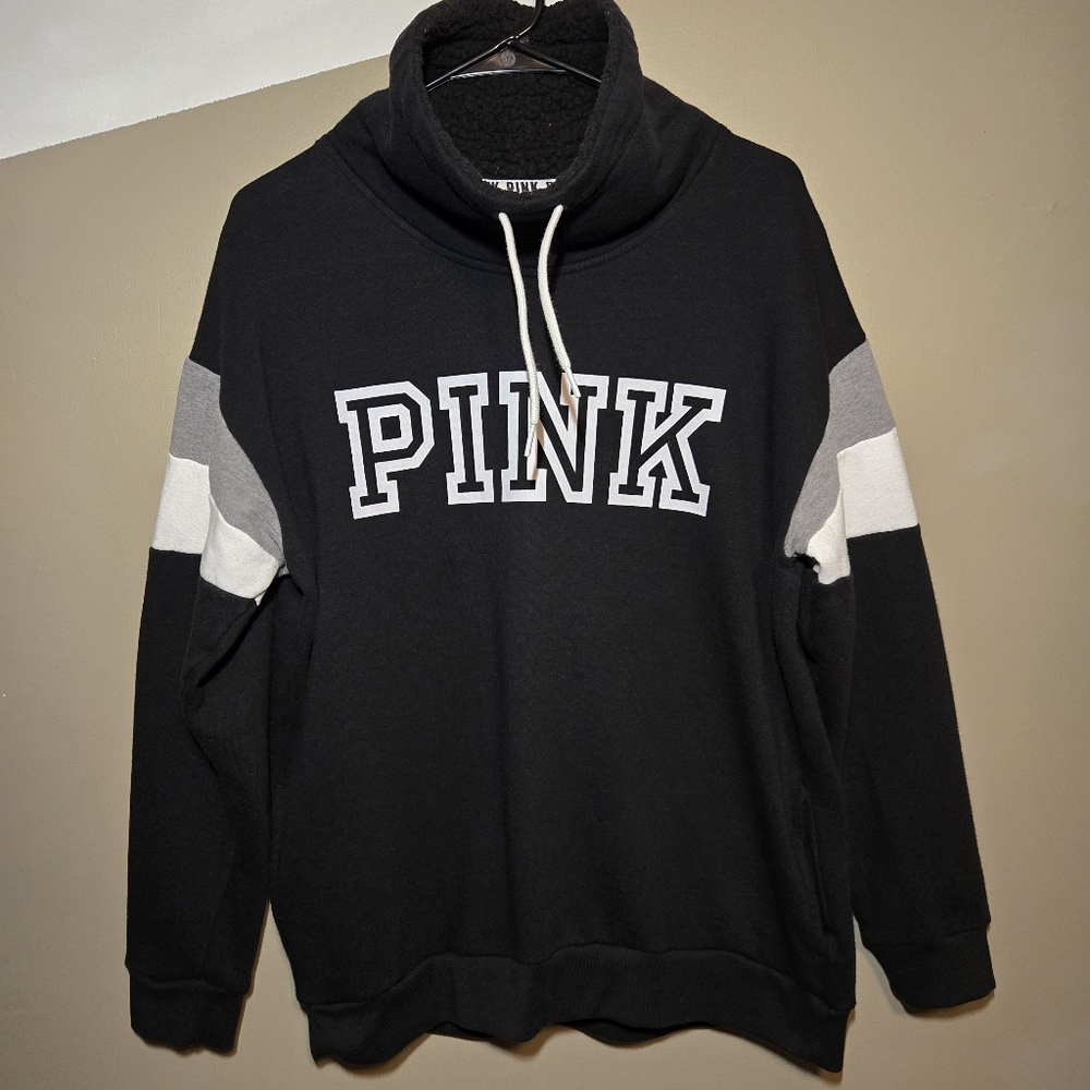 Victoria's Secret PINK Women's Sherpa Cowl Neck Sweatshirt Black Logo Small